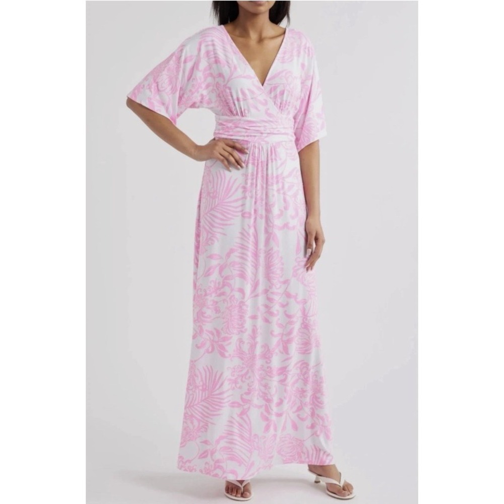 Lilly Pulitzer Pink Tropical Floral Maxi Dress Surplice V-Neck Medium 002083
